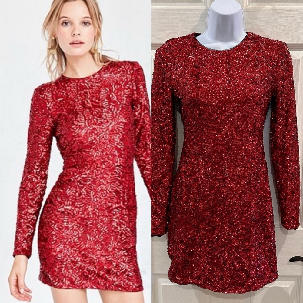 Kimchi Blue Red Holiday Sparkly Sequin Racer Back Long Sleeve Mini Dress SM